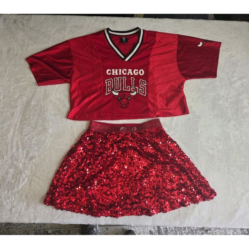 378 Chicago Bulls Girls 2PC Outfit NBA Jersey Top Red Sequin Skirt Youth